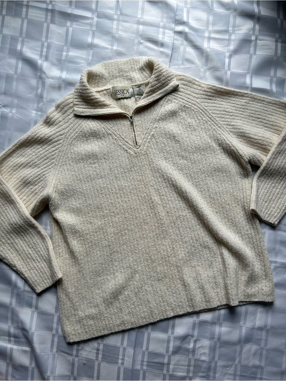 Jessica Vintage Cream Ribbed Half-Zip Wool Blend Pullover Sweater